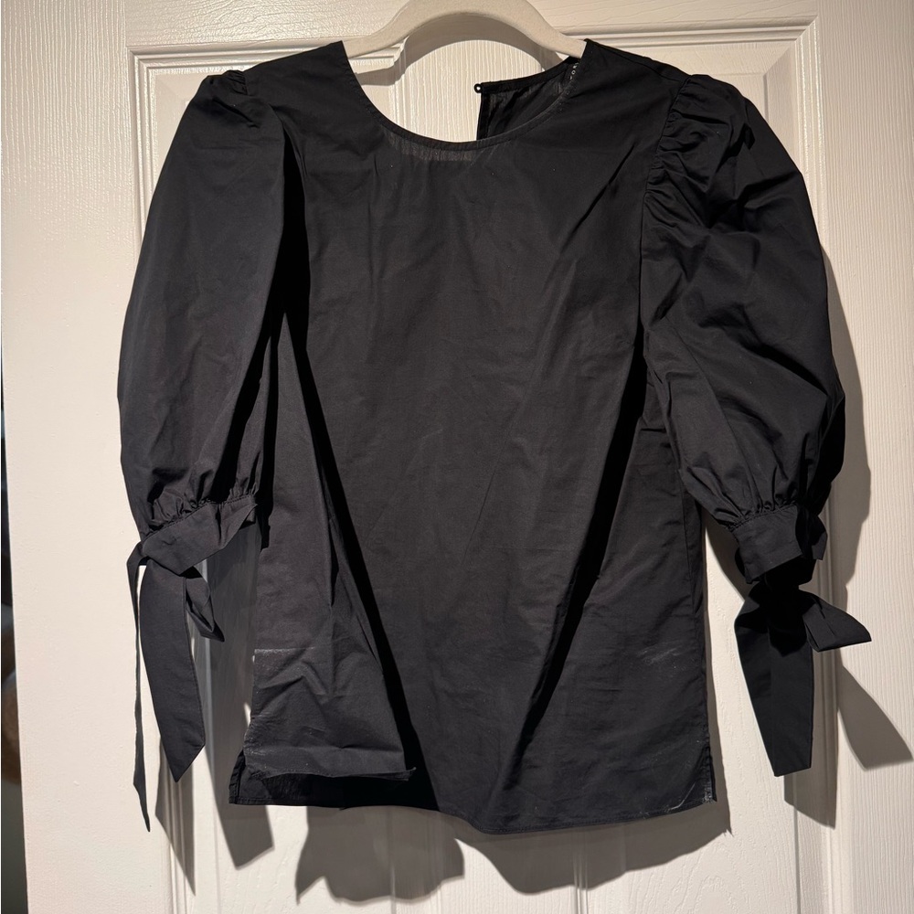 English Factory Black Puff Sleeve Blouse with Tie Front